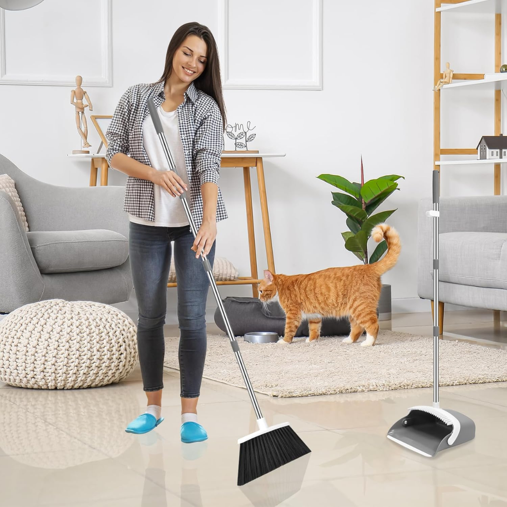 Broom And Dustpan Set With 52 Inch Adjustable Long Handle Grey White Standing - Image 4