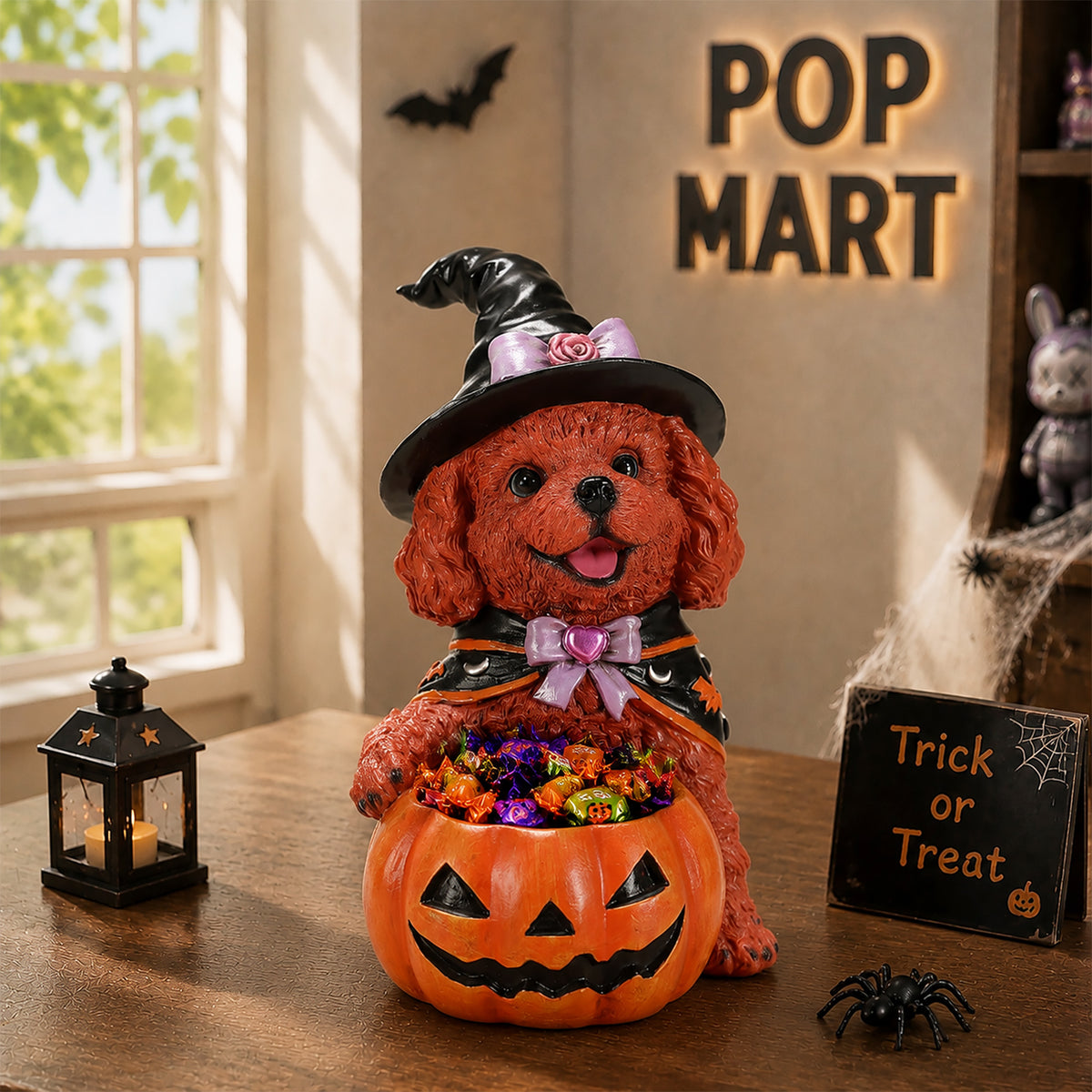 Halloween Brown Teddy Dog Witch Figurine Cute Puppy Holding Pumpkin Candy Bowl - Image 4