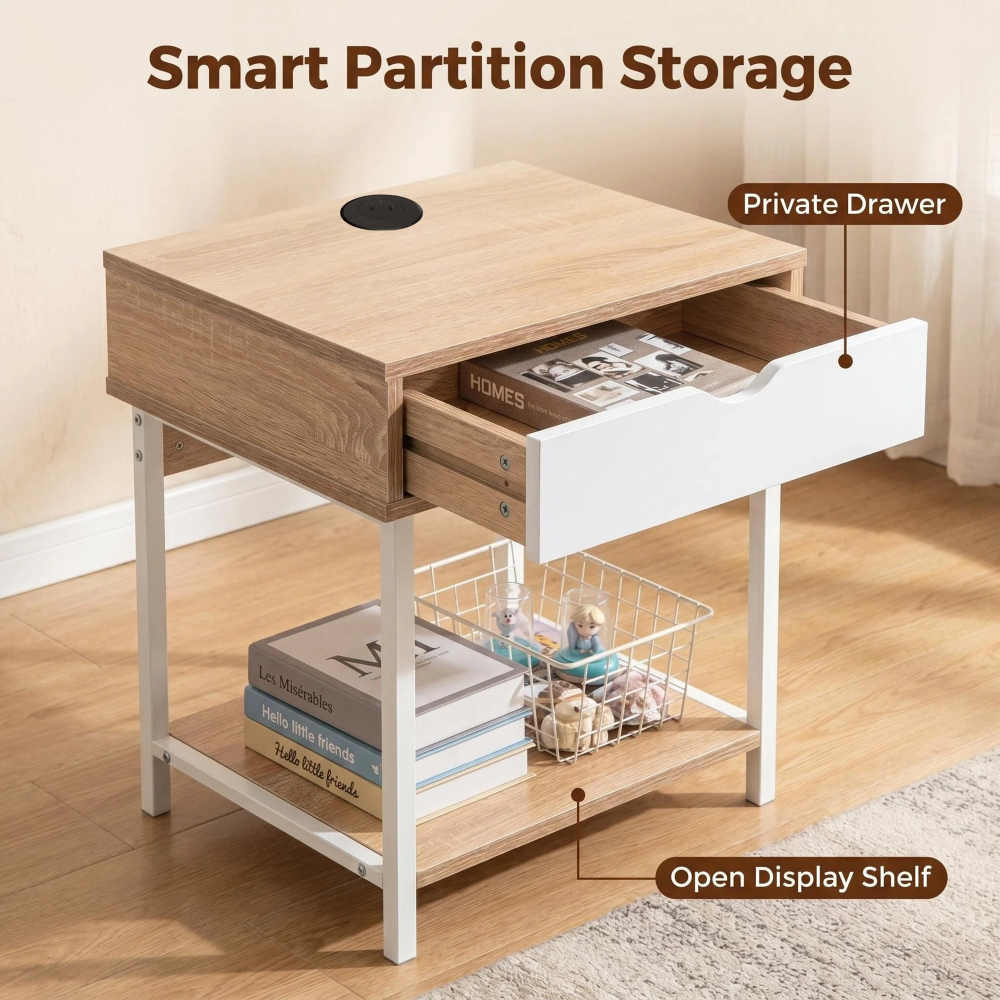White Oak Grain Side Table Nightstand With Drawer And Shelves Living Room Sofa - Image 3