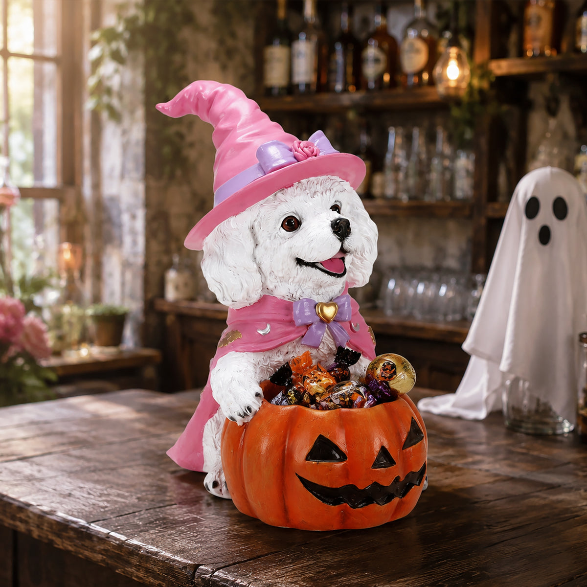 Halloween White Teddy Puppy Figurine Witch Dog Holding Pumpkin Candy Bowl Decoration - Image 5