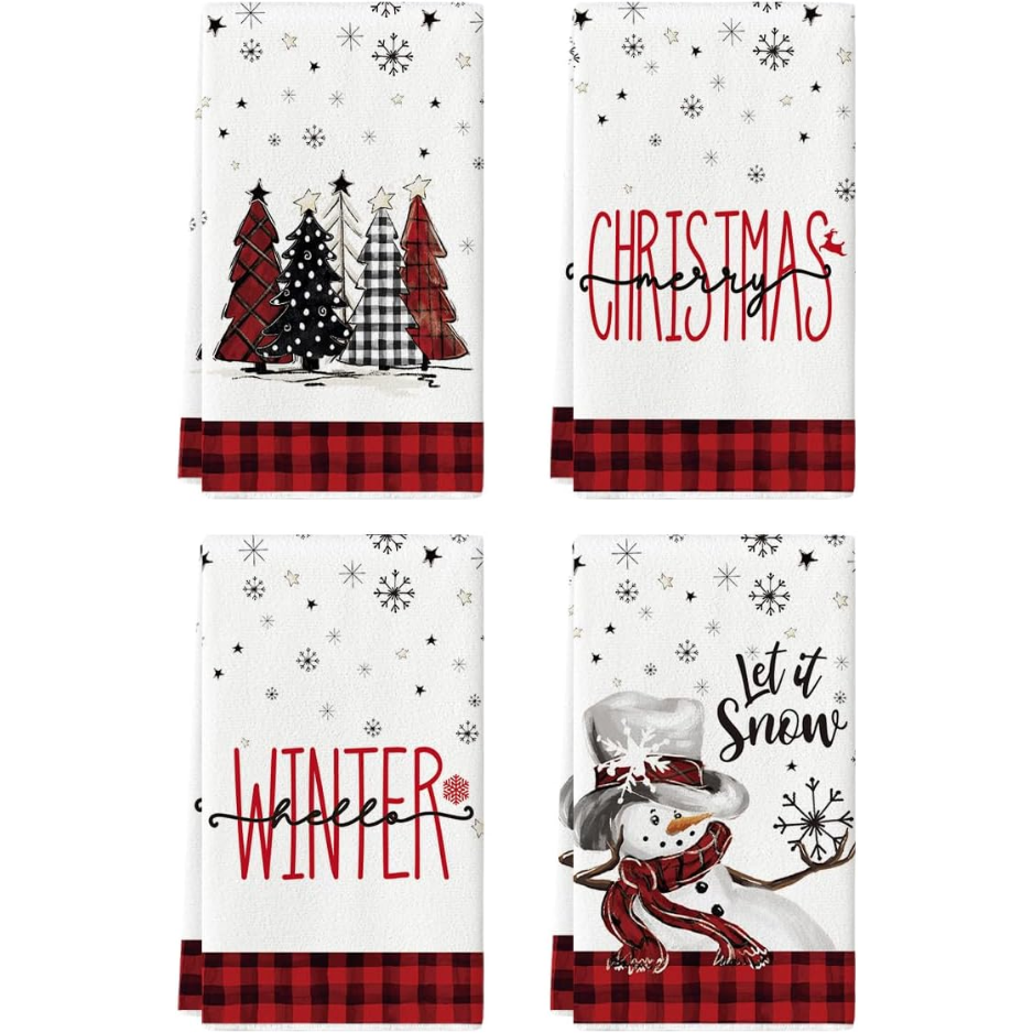 Red Black Snowman Christmas Kitchen Towels Set Of 4 18x26 Inch - Image 5