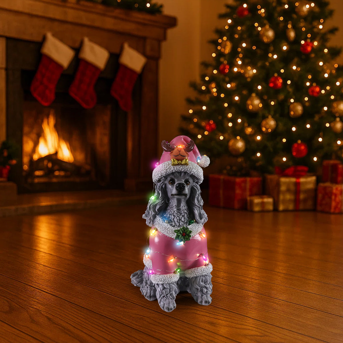 Christmas Poodle Statue Holiday Dog Figurine in Pink Santa Outfit - Image 4