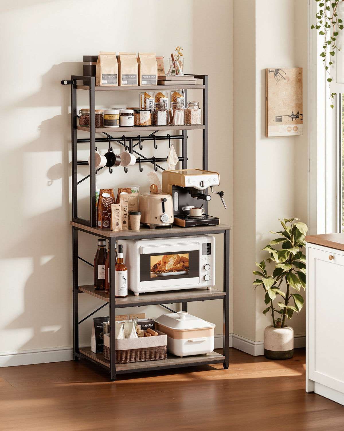 Kitchen Bakers Rack 23 Inch Width Stand With Shaped Support Bar 12 Hooks - Dimensions and Specifications