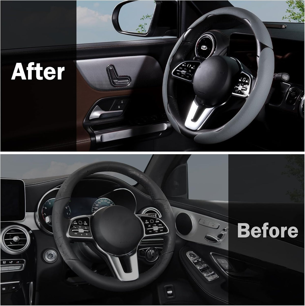 Car Steering Wheel Cover Leather Snap On Piece Set Anti Slip Protection