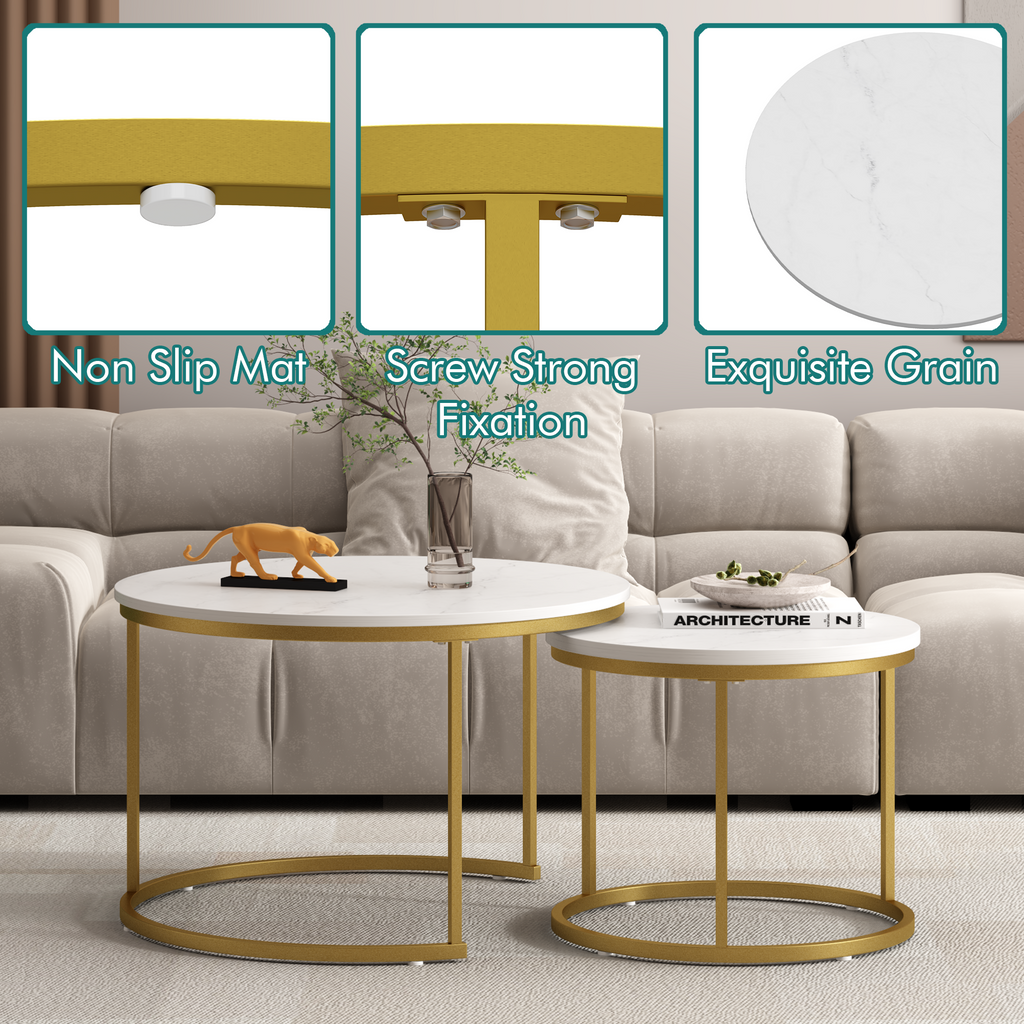 27.6in Nesting Coffee Table Set of 2 Round Coffee Table Wood Marble Pattern - Image 2