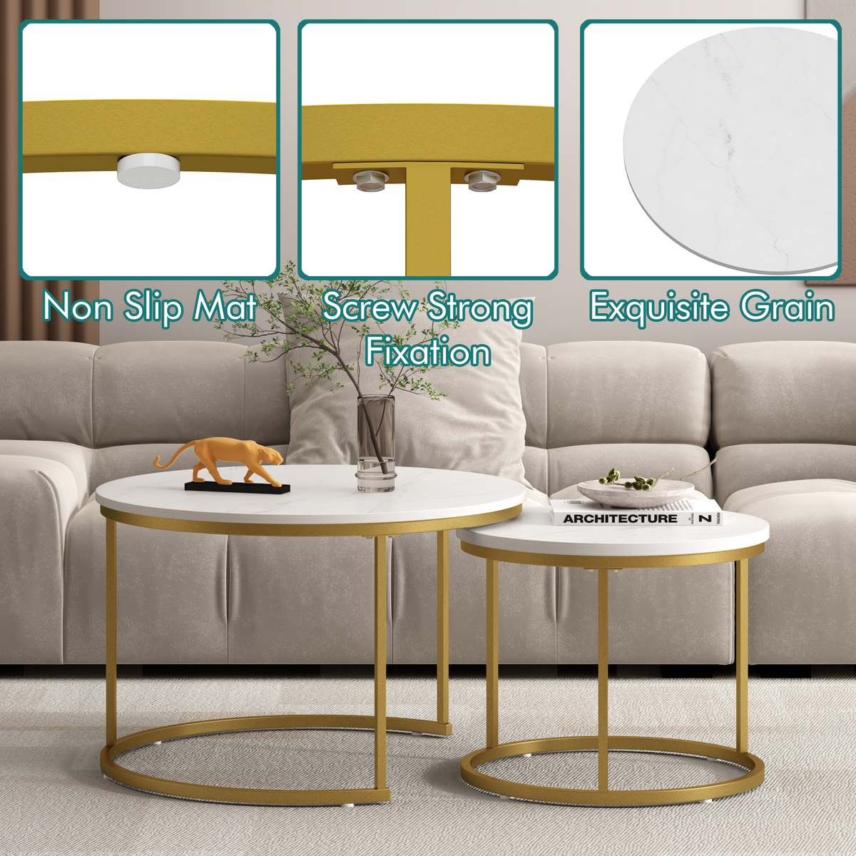 27.6in Nesting Coffee Table Set of 2 Round Coffee Table Wood Marble Pattern - Image 2