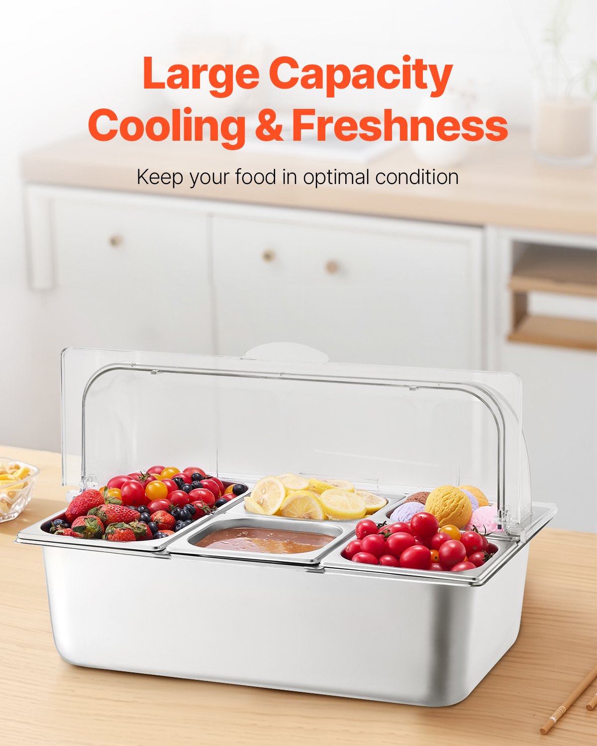Countertop Food Serving Display Container 5 Pan Condiment Dispenser With Lid - Angle and Detail View