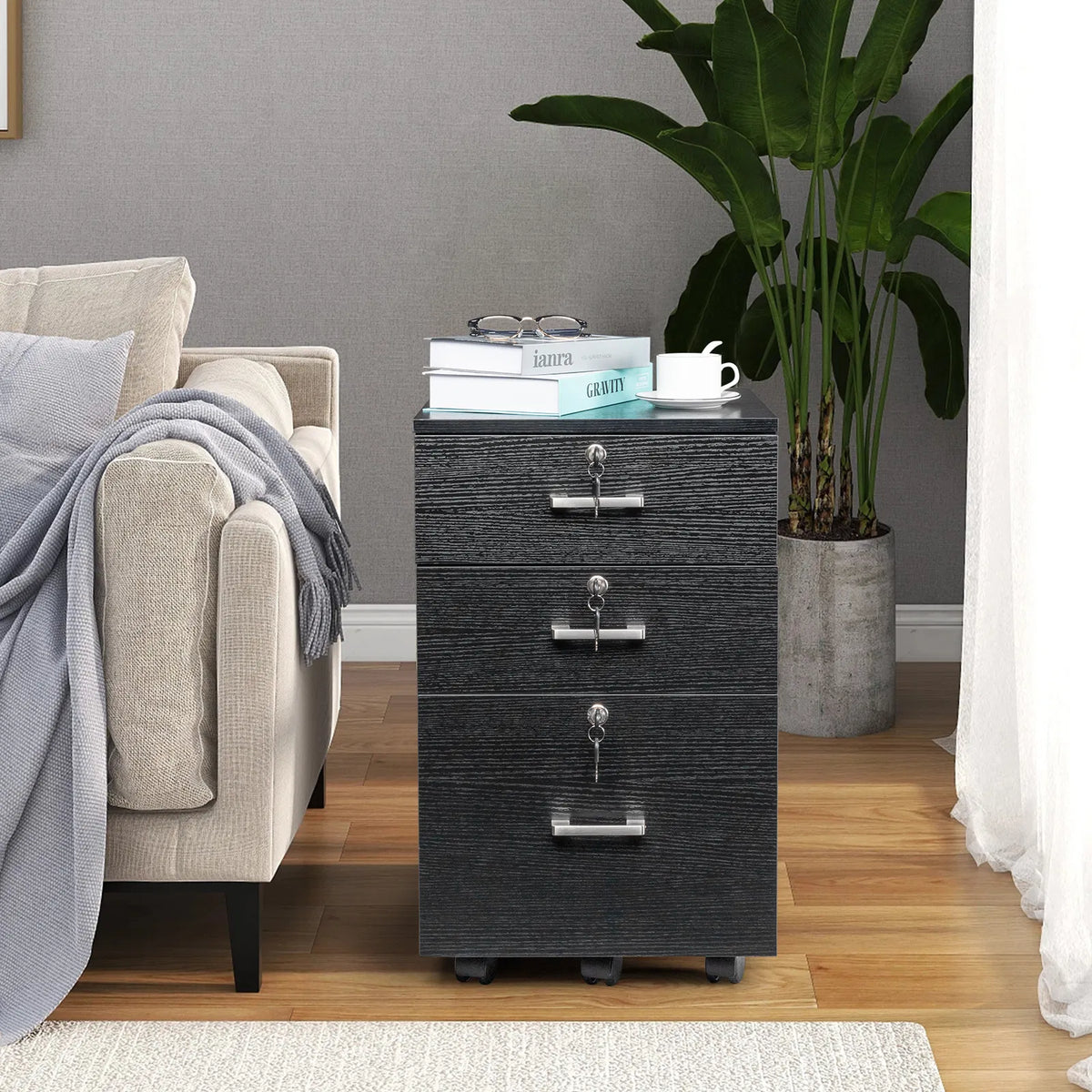 FCH Black Wood Grain Density Board Three Drawers Wooden Filing Cabinet - Image 5