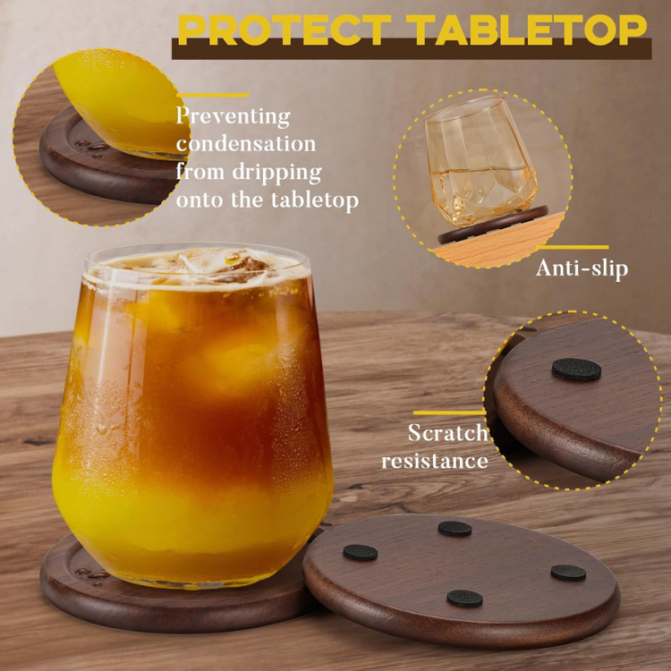 6 Piece Wooden Coaster Set With Holder Natural Wood Drink Coasters For Coffee - Image 3
