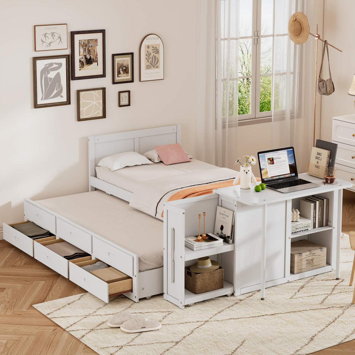 Twin Multifunctional Platform Bed with Desk and Trundle