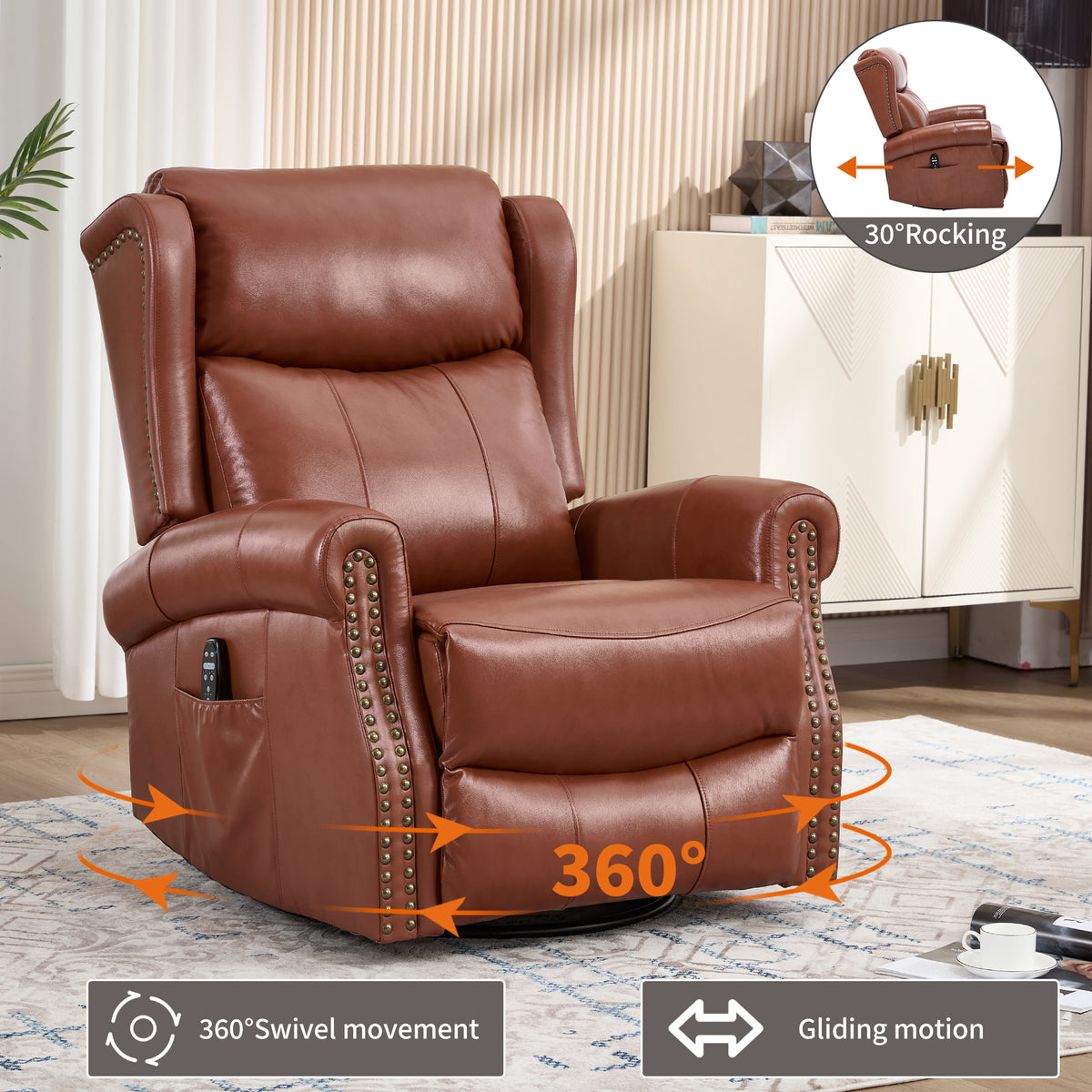 Heat Massage Manual Recliner Chair with Rocker and Swivel in Genuine leather - Image 4
