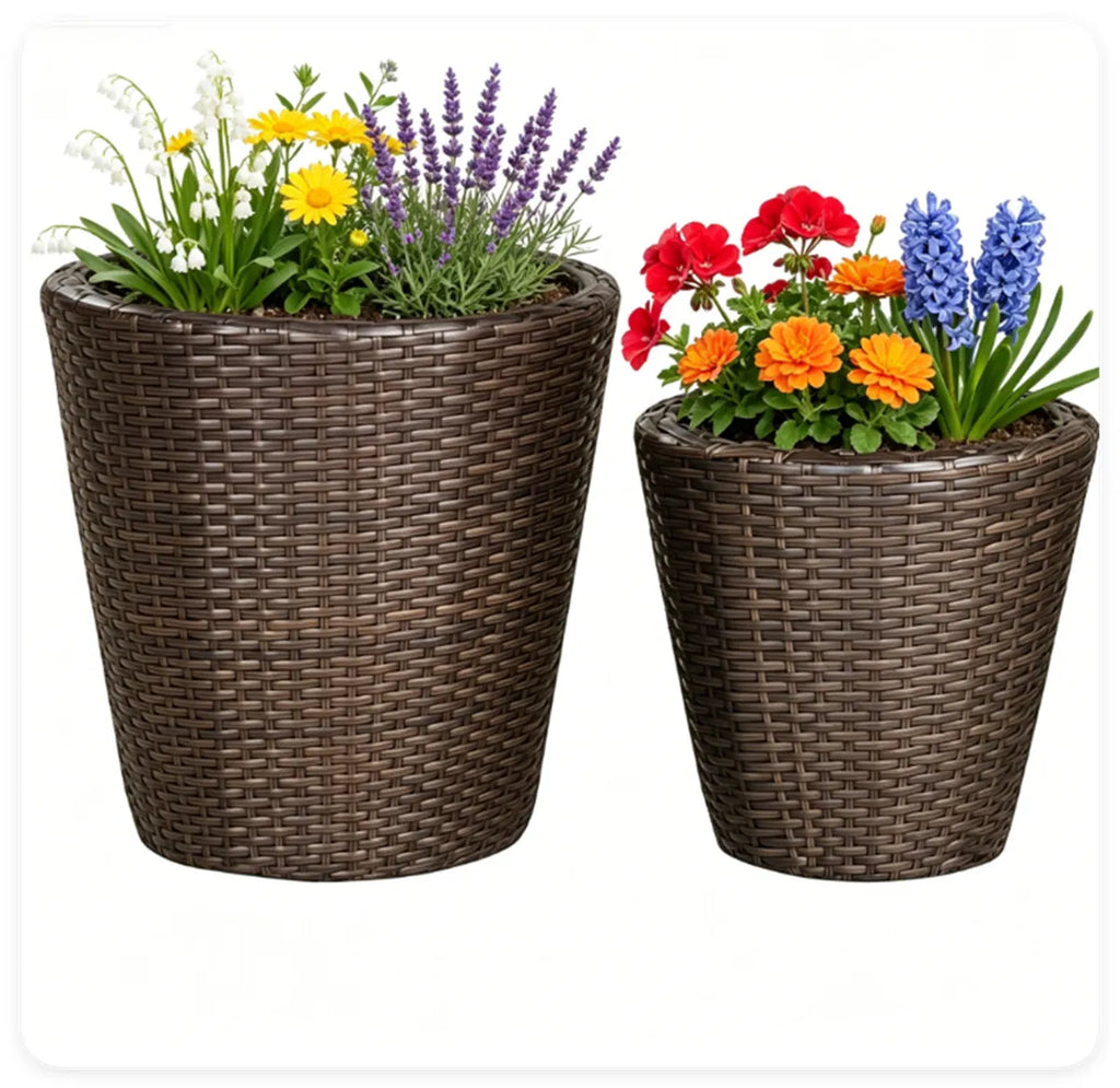 2 Piece PP Rattan Planter Set 15 & 12 Tapered Square Flower Pots with Built in - Image 3