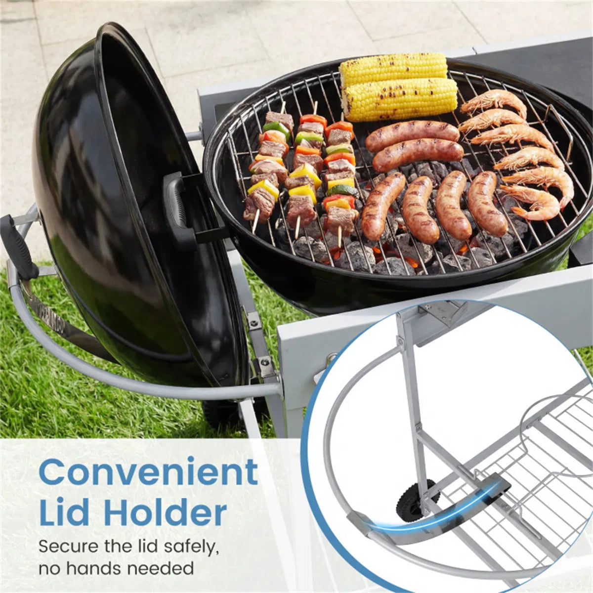 Outdoor Grill Cart For 18 22 Inch Kettle Grills Metal BBQ Stand With Lid - Image 5