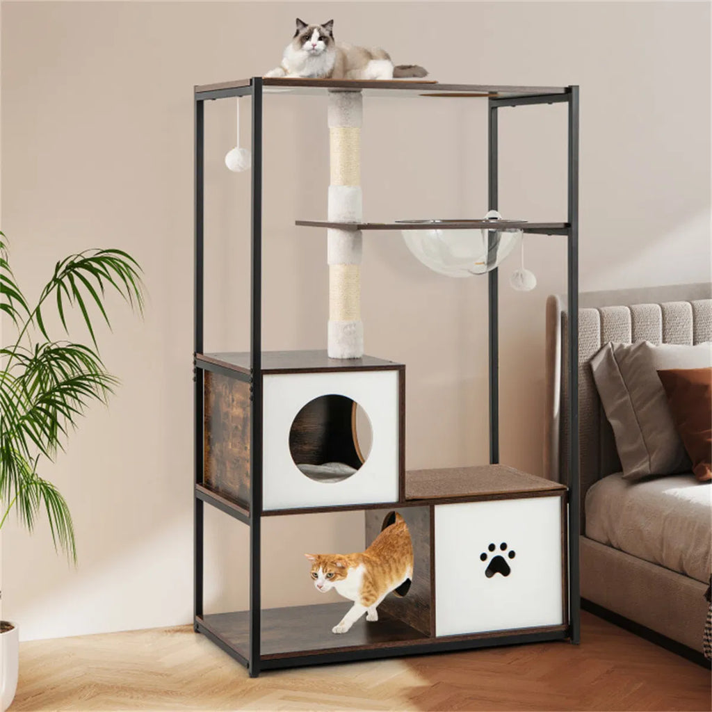 Stylish Wood Metal Cat Tree 33 lbs Per Layer Capacity 2 Private Condos + 2 - Image 5