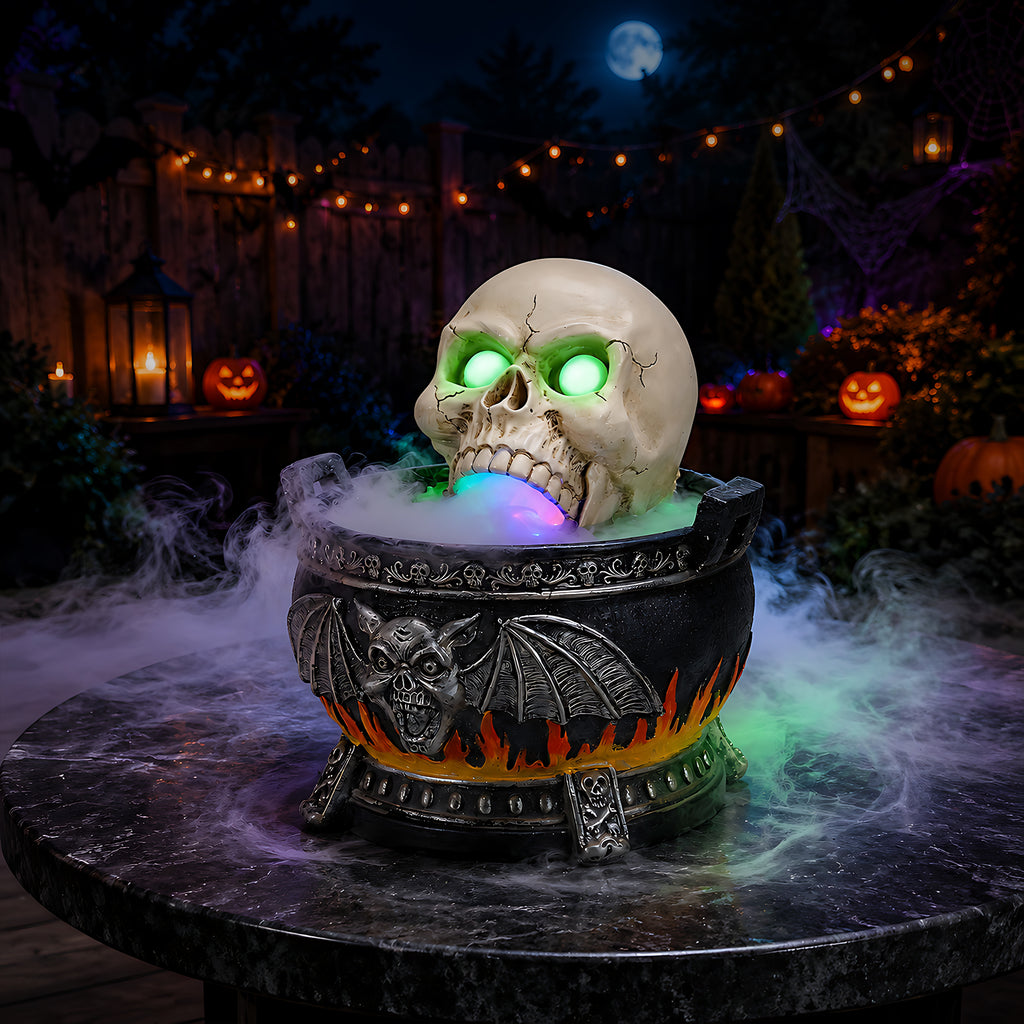 Halloween Skull Cauldron Statue with LED Light Smoke Fog Effect Resin Decor - Image 5