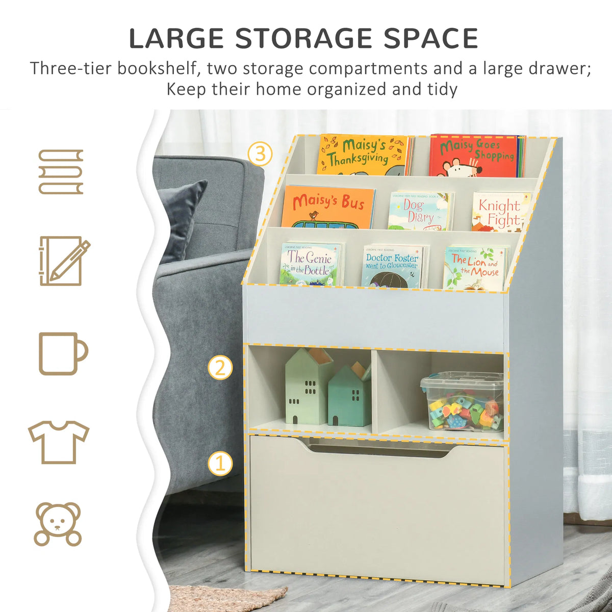Kids Bookcase Multi Shelf Rack Organizer with Storage Drawer for Books for - Image 3