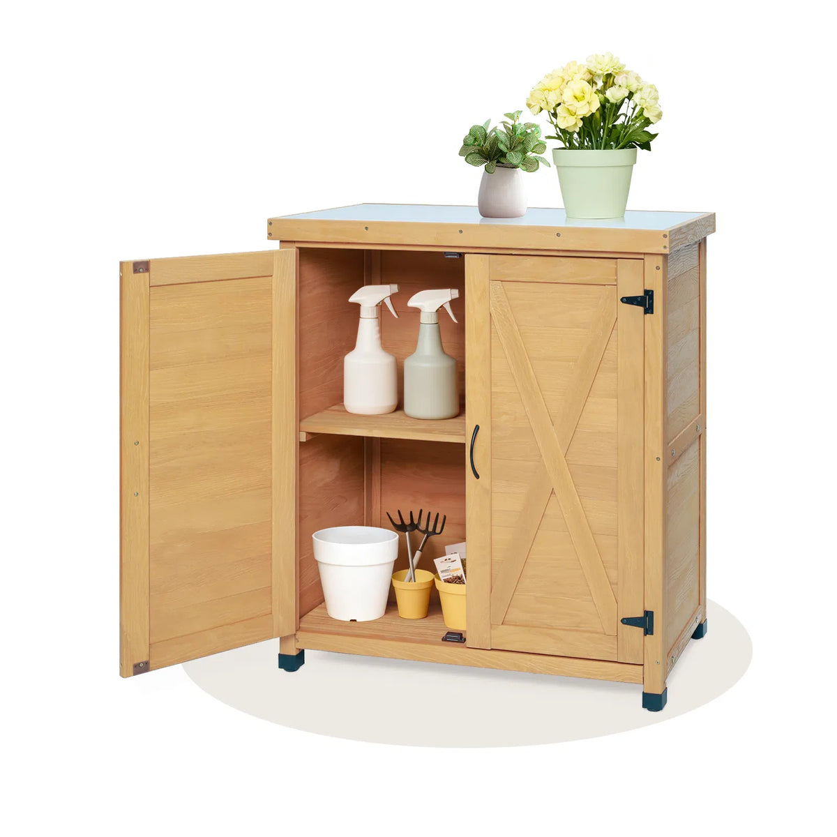 solid wood outdoor potting bench with storage cabinet product view 9