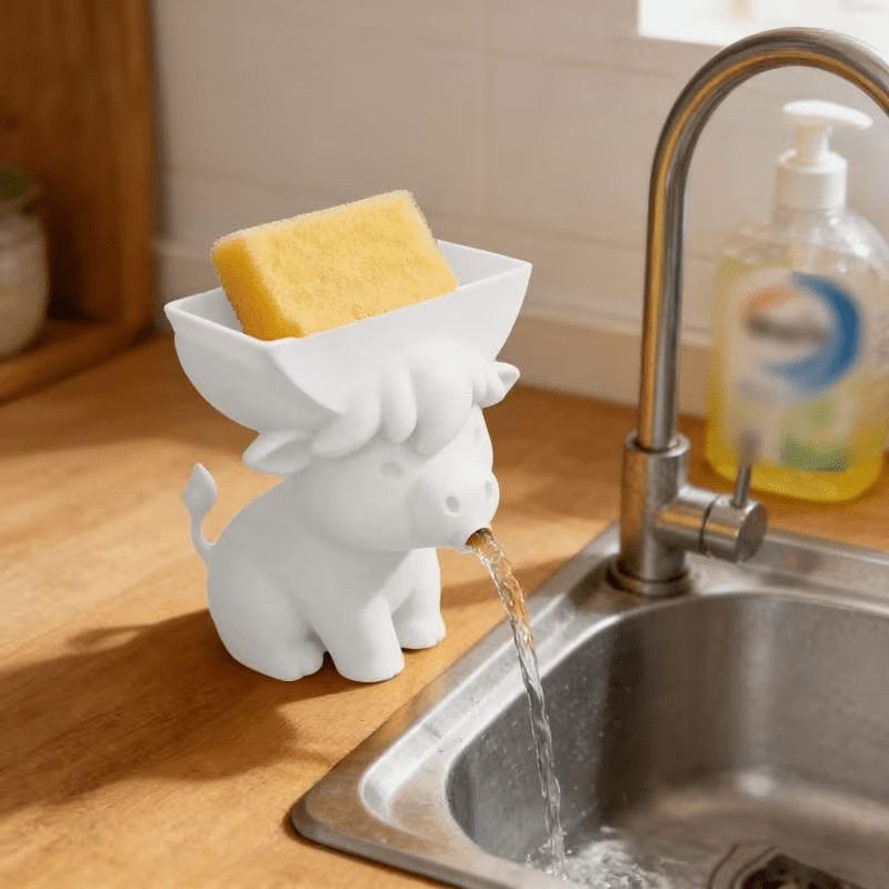 Cute Cow Sponge Holder Kitchen Sink Organizer With Drain Spout Animal Shaped - Image 5