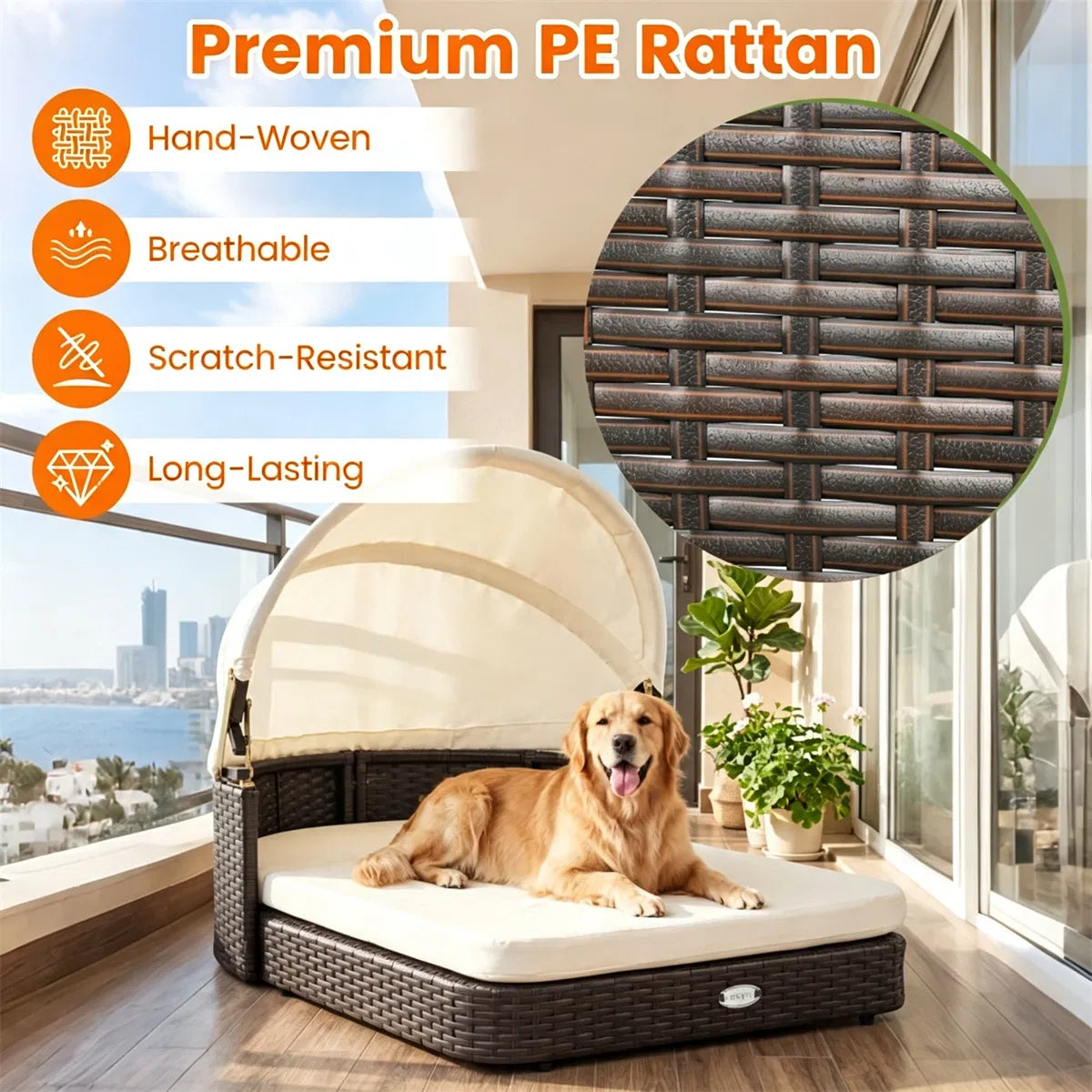 Hand Woven PE Rattan Dog Bed with Adjustable Canopy Elevated Outdoor Pet - Image 4
