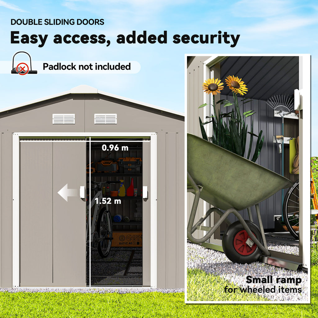 heavy duty galvanized steel garden storage shed with double locking doors in light gray - angle 8 detail