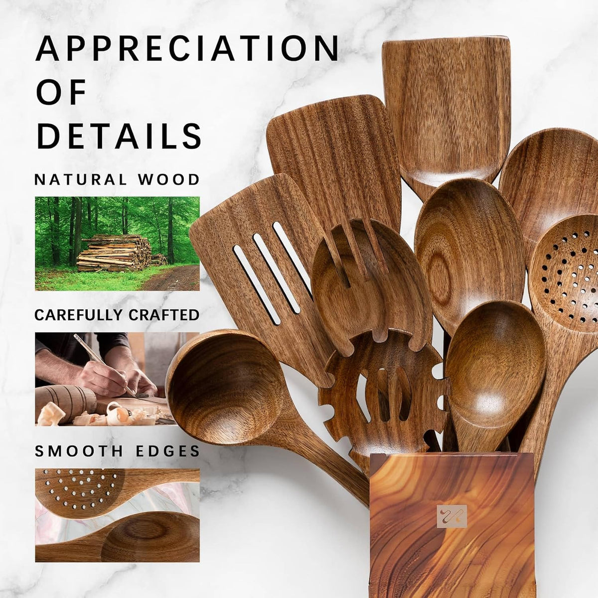 10 Pack Wooden Cooking Spoons Acacia Wood Kitchen Utensil Set Durable Wooden