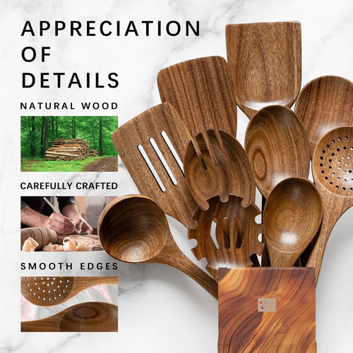 10 Pack Wooden Cooking Spoons Acacia Wood Kitchen Utensil Set Durable Wooden