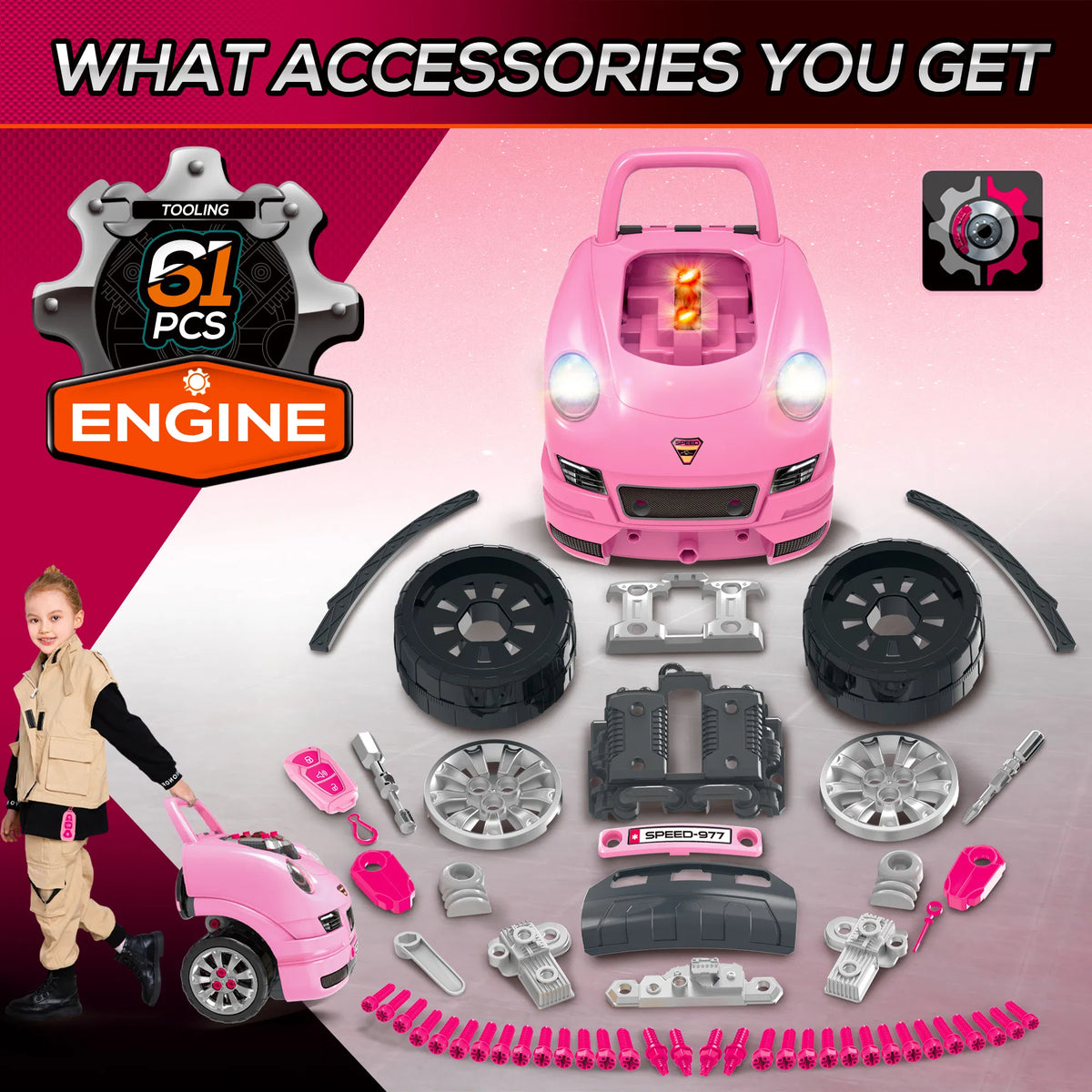 Mechanic Kids Truck Engine Toy Set Car Service Play Set Pink