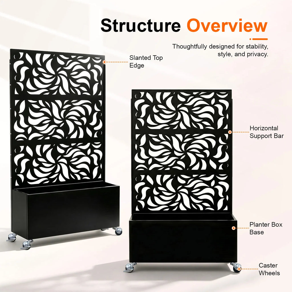 70.87" H 46.06" W Leaf Pattern Privacy Screen with Planter Box Black Metal - Image 4