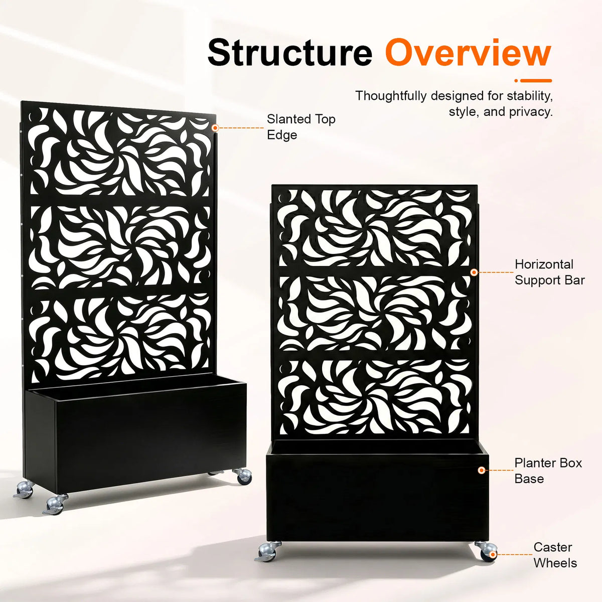 70.87" H 46.06" W Leaf Pattern Privacy Screen with Planter Box Black Metal - Image 4