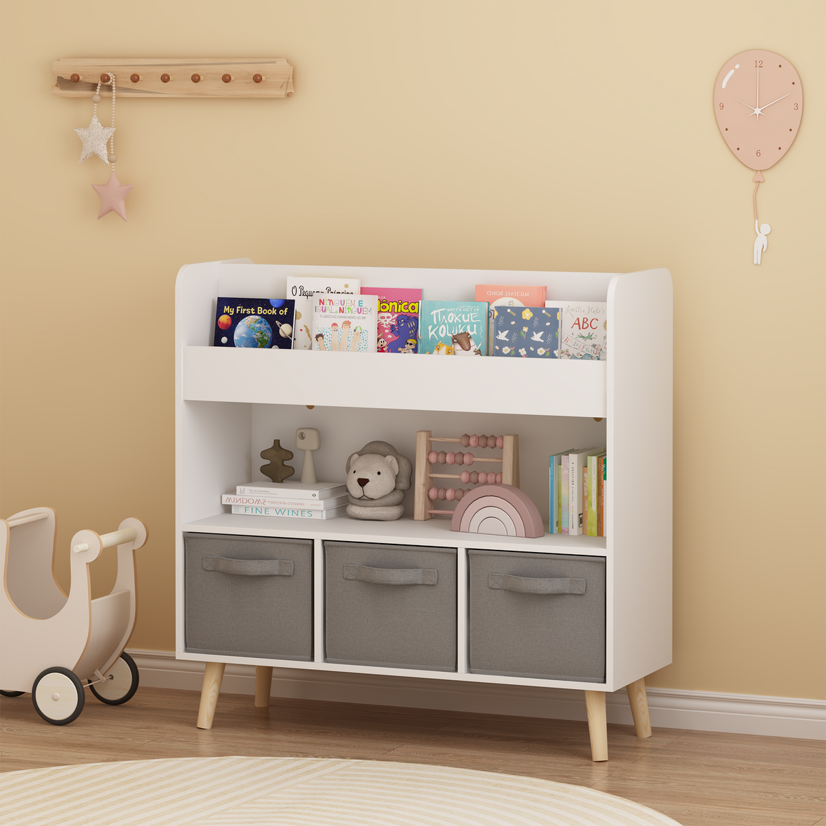Kids Bookshelf with Three Fabric Storage Bins