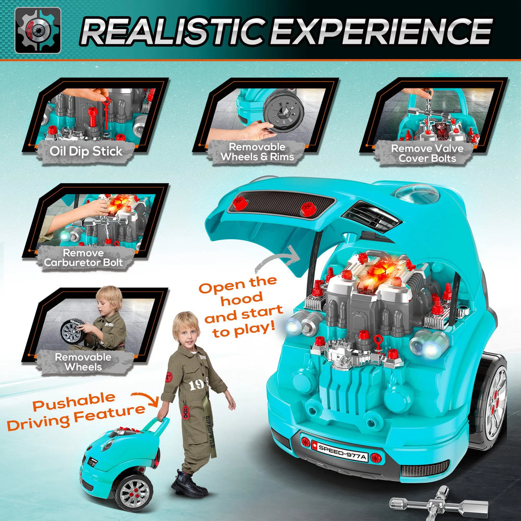 Mechanic Kids Truck Engine Toy Set Car Service Play Set Teal - Image 4