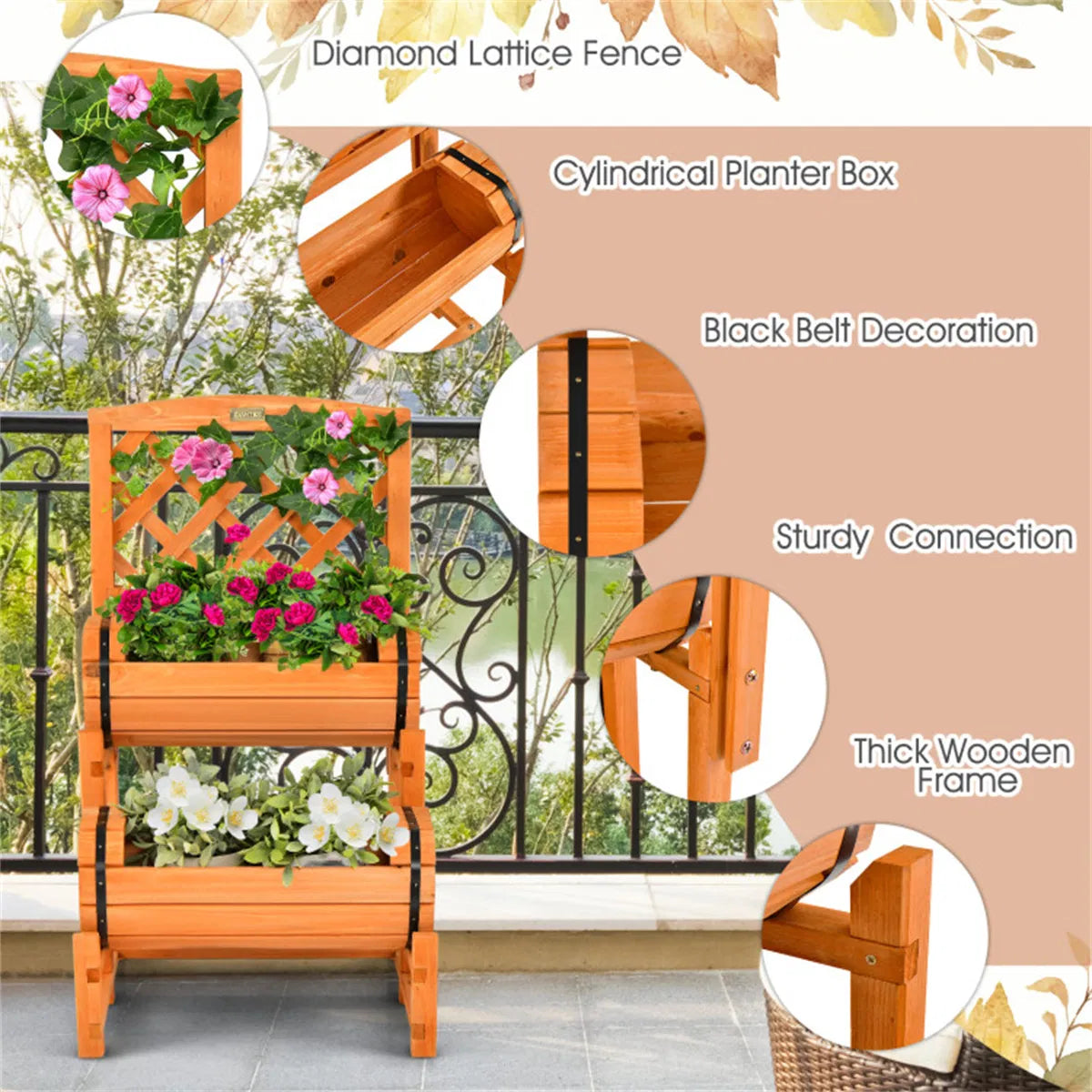 Solid Fir Wood Raised Garden Bed With Trellis Cylindrical Planter Box - Image 2