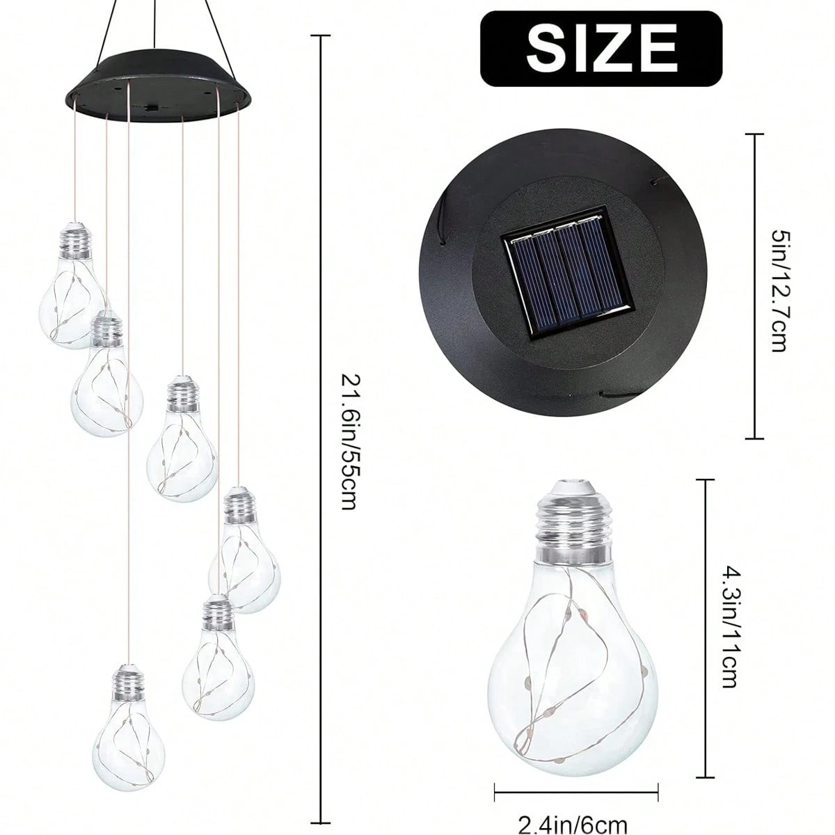 Colorful LED Solar Wind Chimes 21.6inch Light Bulb Shape Mobile Hanging Wind - Image 5