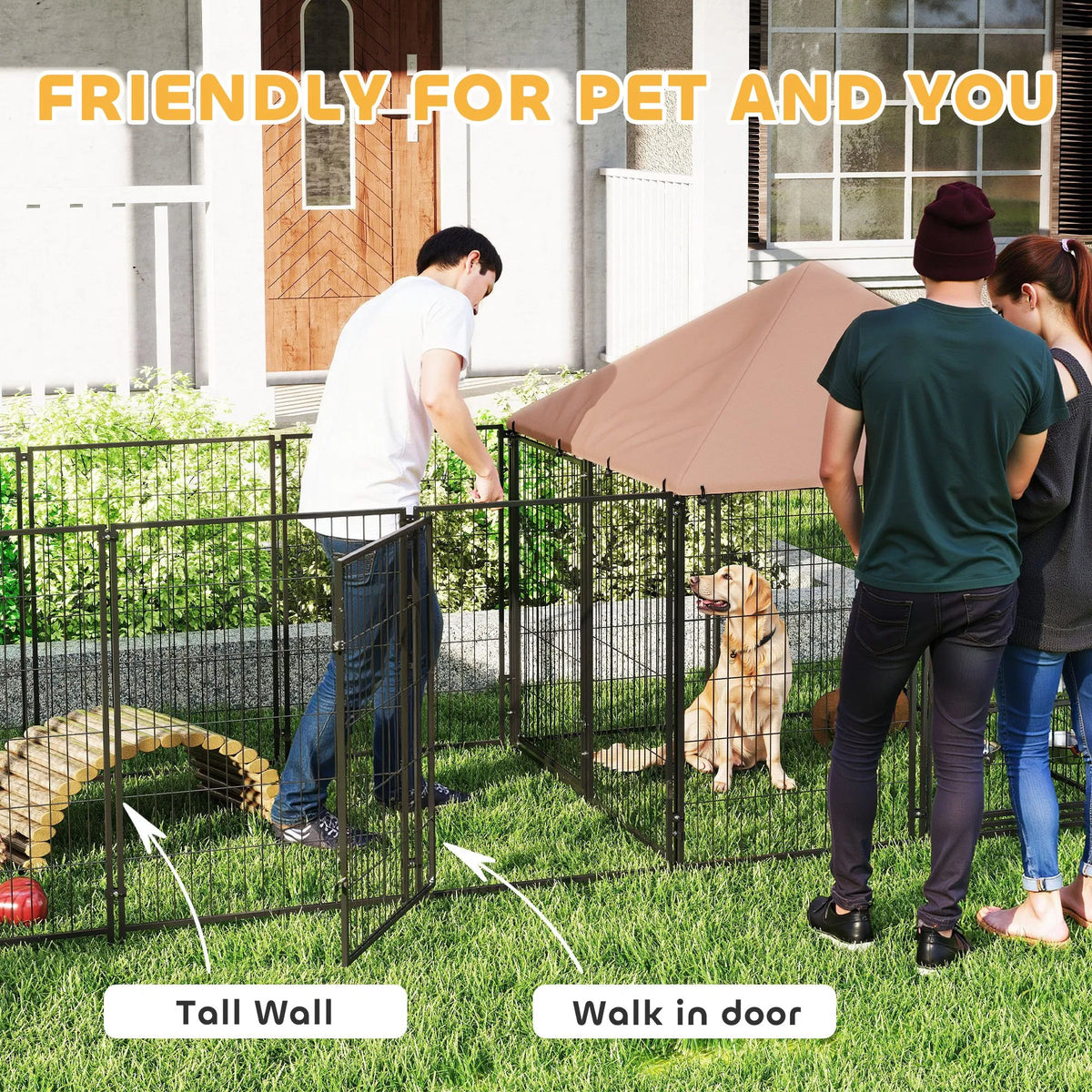 Outdoor Dog Kennel with Rotating and Adjustable Height Bowls Waterproof - Image 2