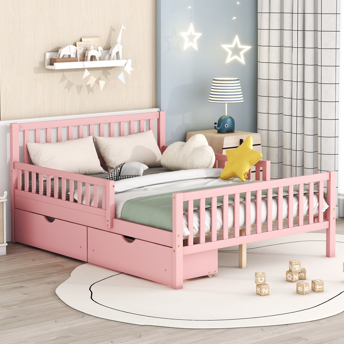 Pink Full Platform Bed with Two Storage Drawers