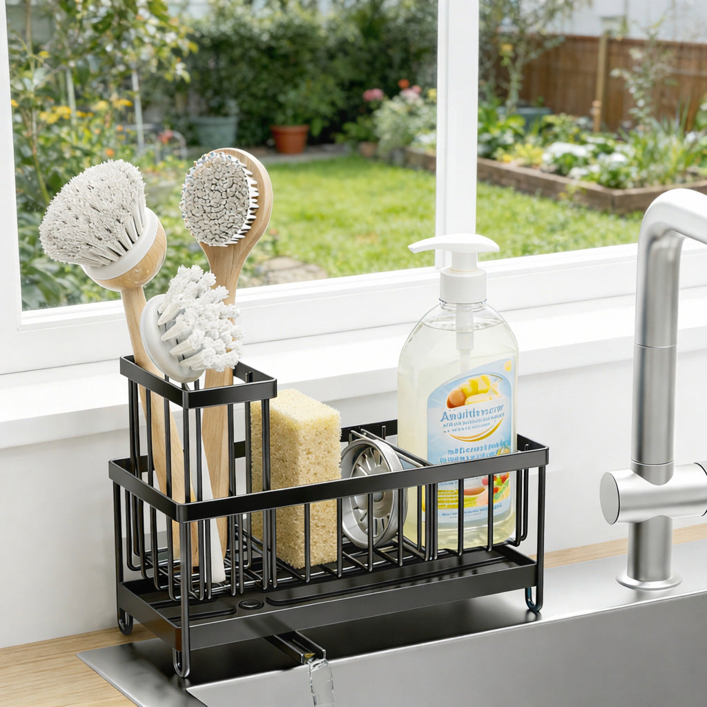 kitchen sink rack sponge holder in use lifestyle