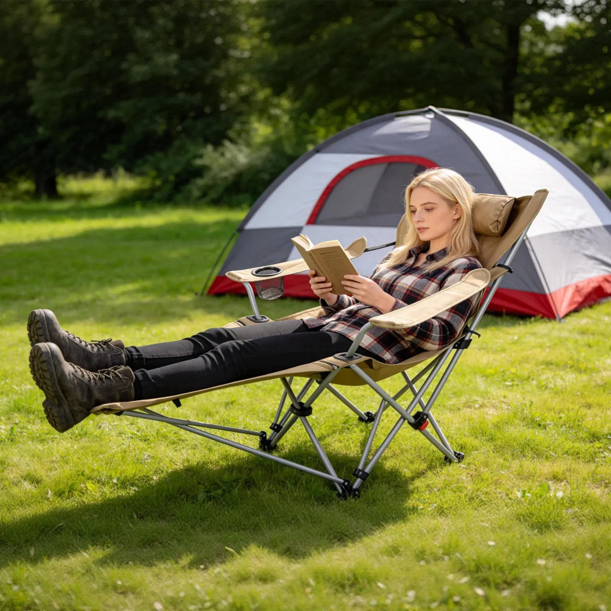 1Pc Reclining Camping Chair with Footrest 4 Position Adjustable Outdoor Folding - Image 4