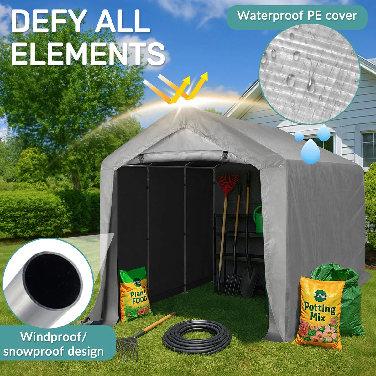 8x12ft heavy duty portable outdoor storage shelter shed with roll up zipper door - angle 2 detail