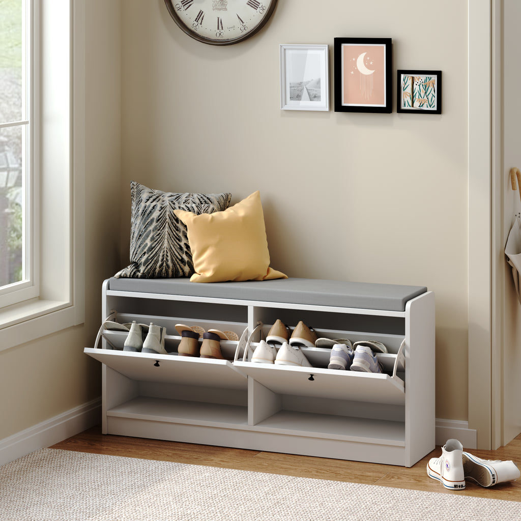 White Shoe Storage Bench with Cushion