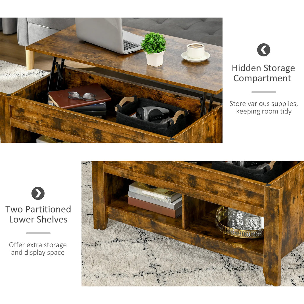 Lift Top Coffee Table with Hidden Storage Compartment and Open Shelves Lift - Image 5