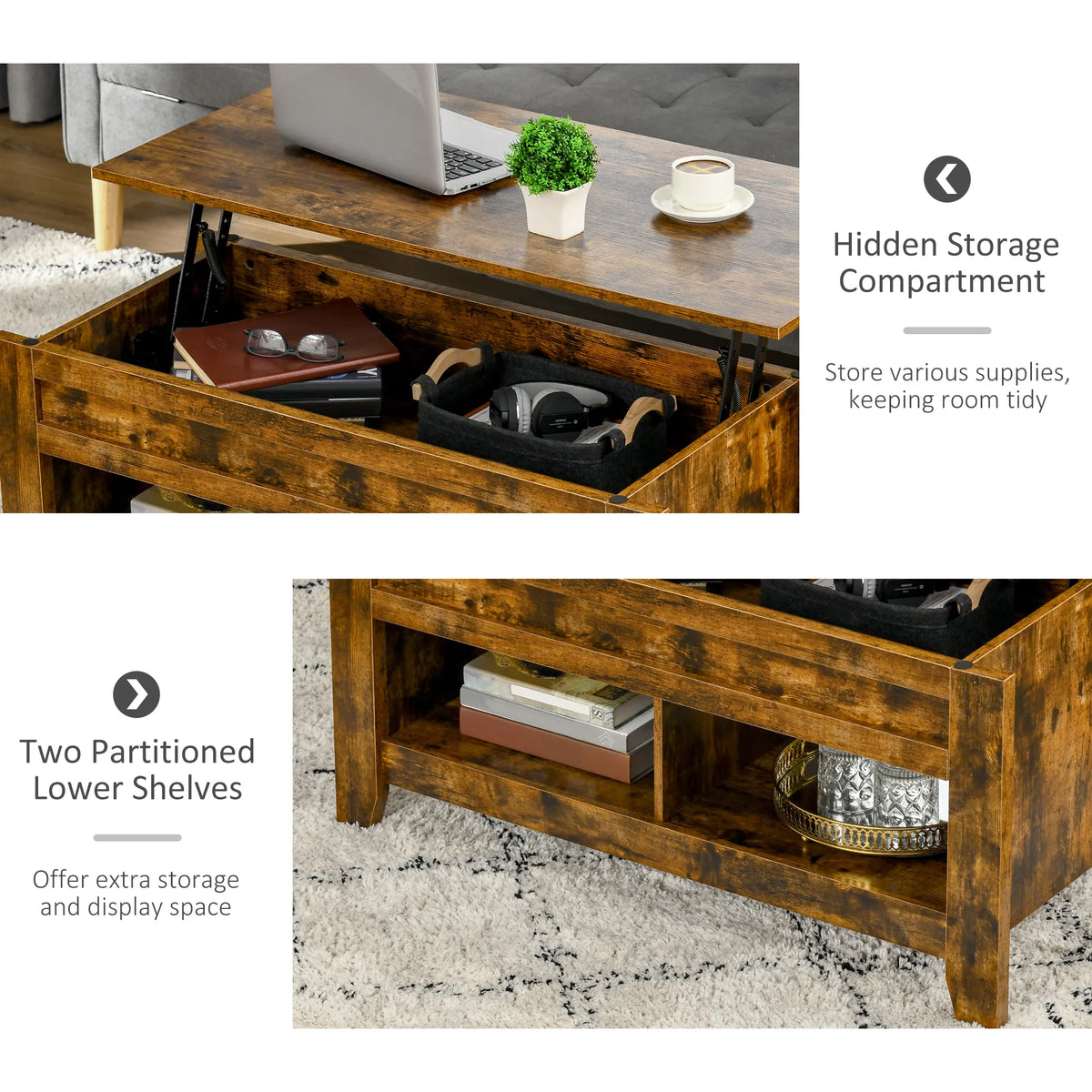 Lift Top Coffee Table with Hidden Storage Compartment and Open Shelves Lift - Image 5