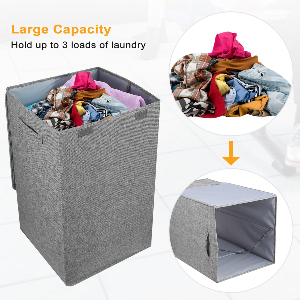 Foldable Laundry Storage Hamper Basket with Lid and Handles - Reinforced Handle Detail