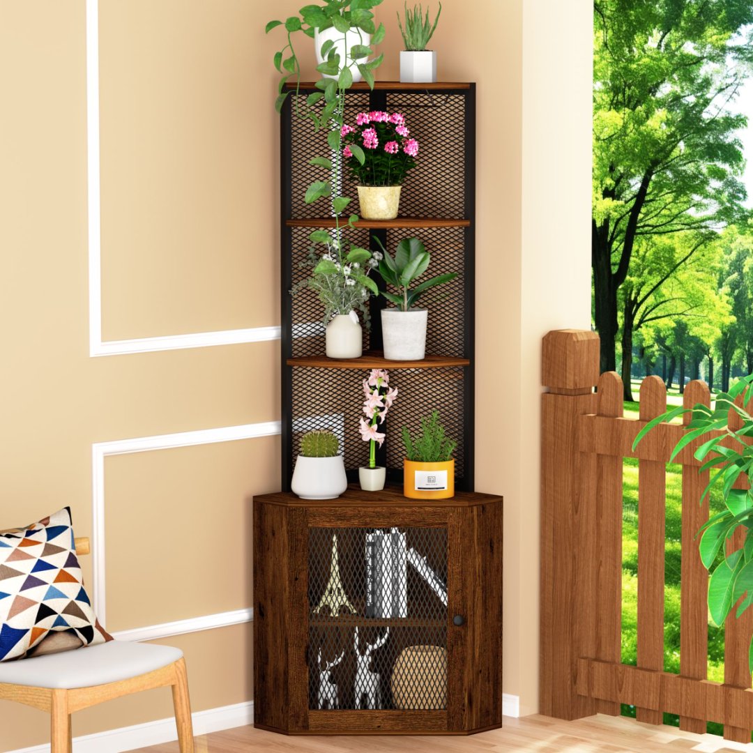 Corner Shelf With Doors 65 Cabinet Shelves Wine Glass Rack 6 Tier Bookshelf - Image 5