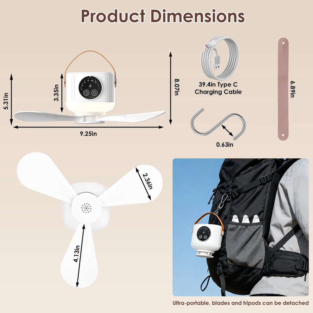 Tent Ceiling Fan with Light 7200mah Rechargeable Battery Operated Hanging - Image 5