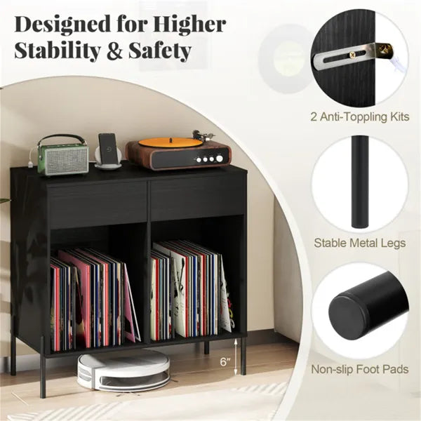 Record Player Storage Stand Customizable Vinyl Compartments Built in
