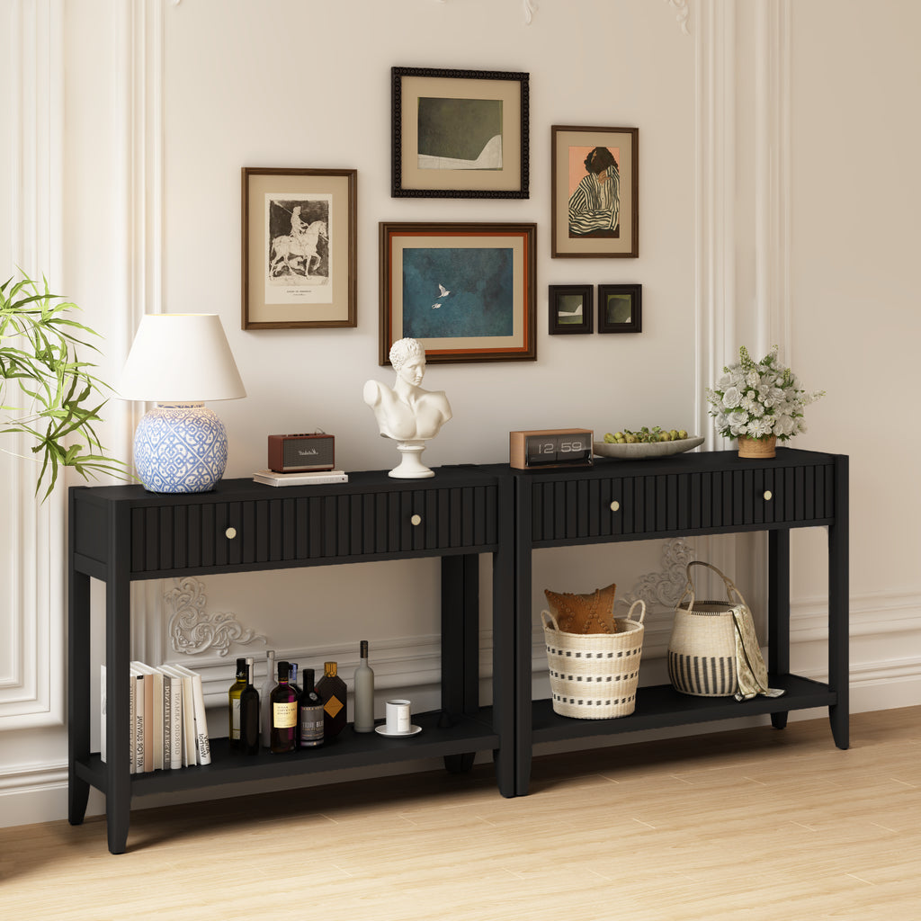 Black Narrow Console Table with Drawers and Storage Shelf