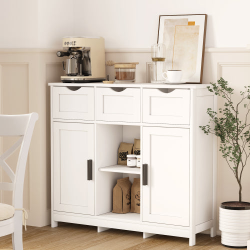 White Wooden Floor Storage Cabinet with Drawers and Shelves