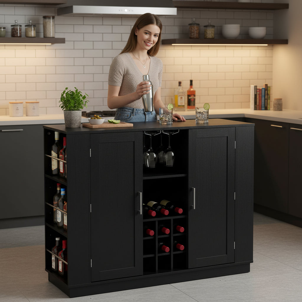 47in Kitchen Island with Drop Leaf, Wine Rack and Side Storage