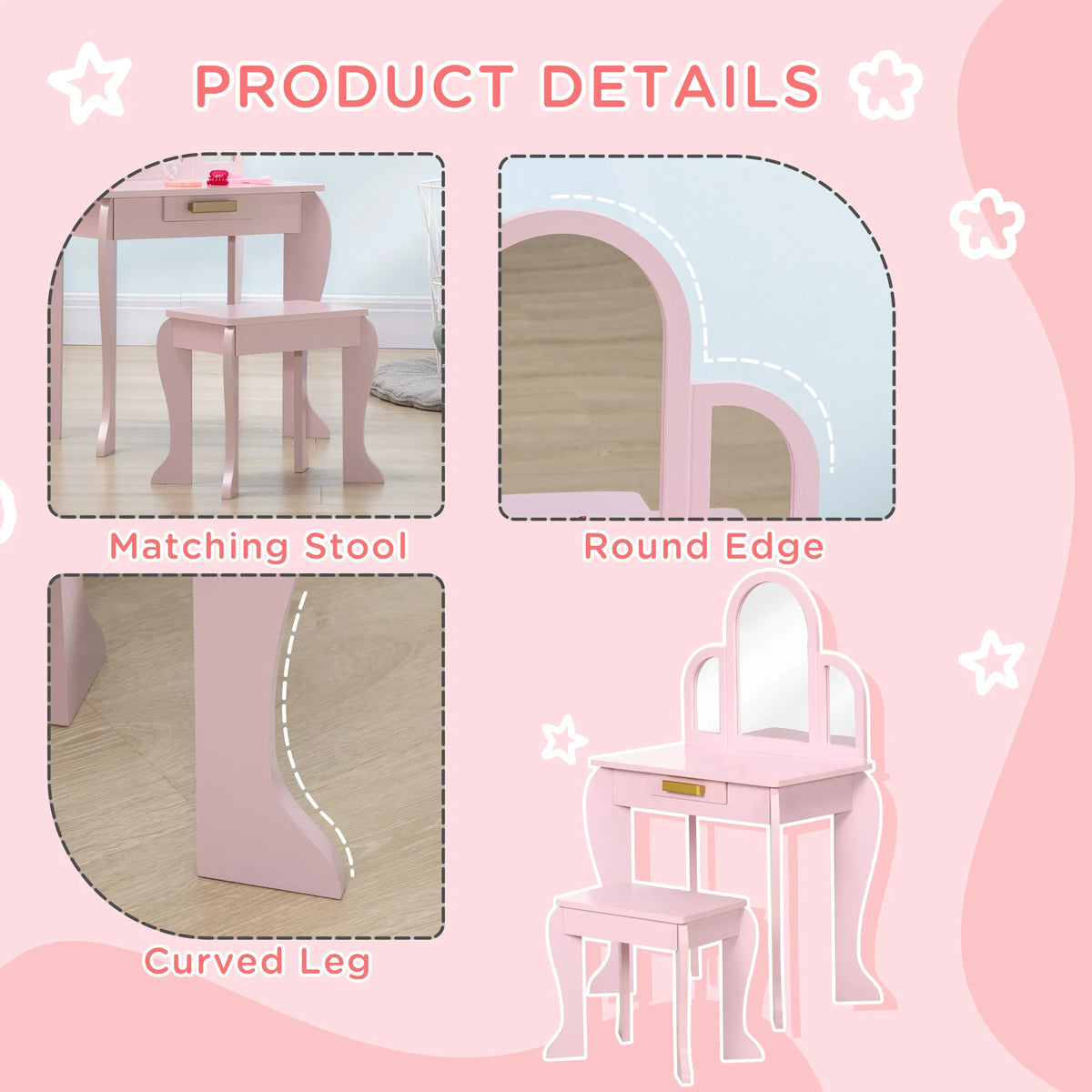 Kids Dressing Table and Chair Set Girls Dressing Set Makeup Desk with Drawer - Image 2