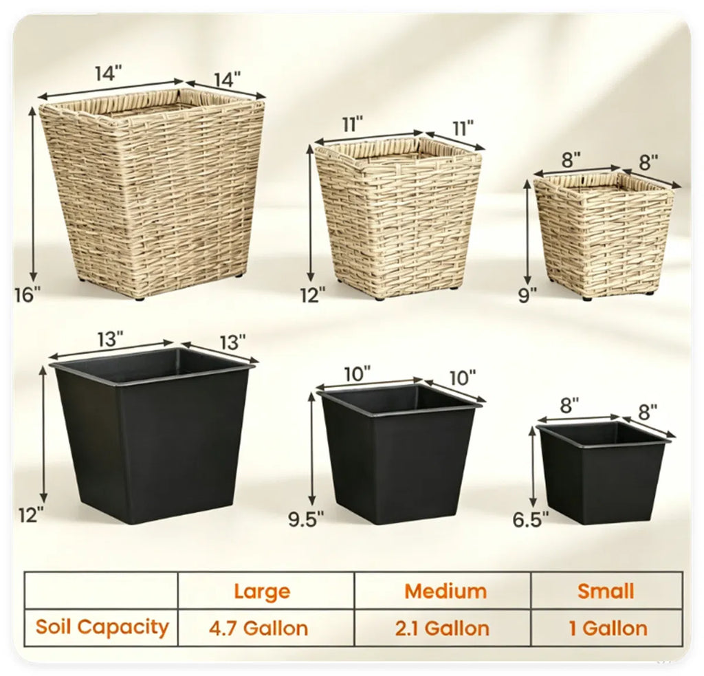 3 Piece Nested Rattan Planter Set UV Resistant PP Wicker Plant Boxes with
